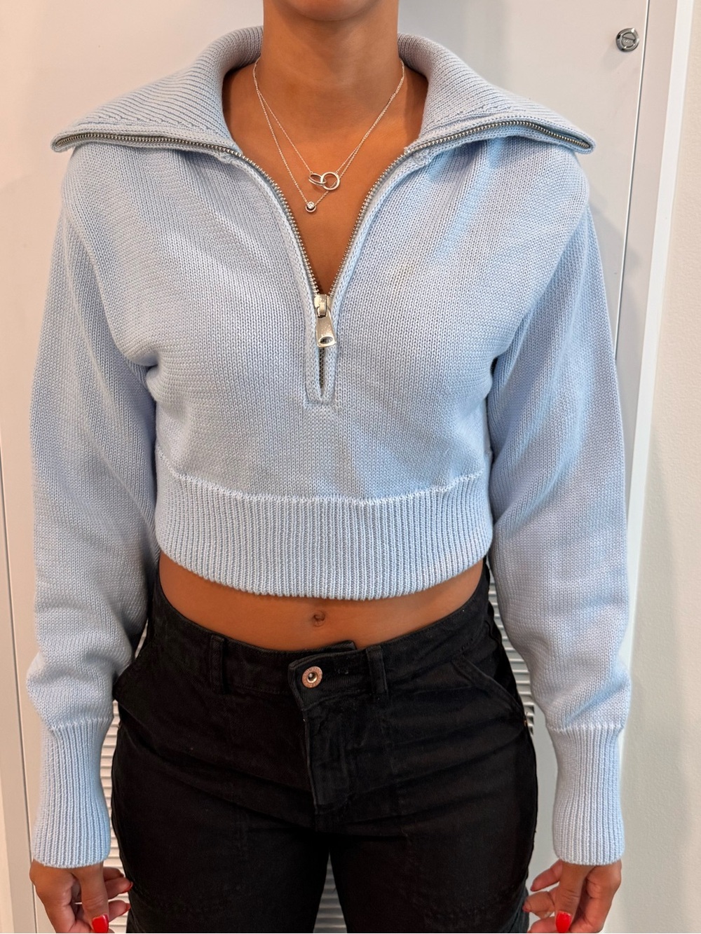 Zara Light Blue Cropped Half-Zip Turtleneck Sweater